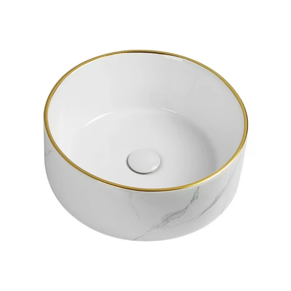 Marble patterned modern circular ceramic bathroom sink, freestanding washbasin, luxurious gold edged washbasin(excluding faucet) 6