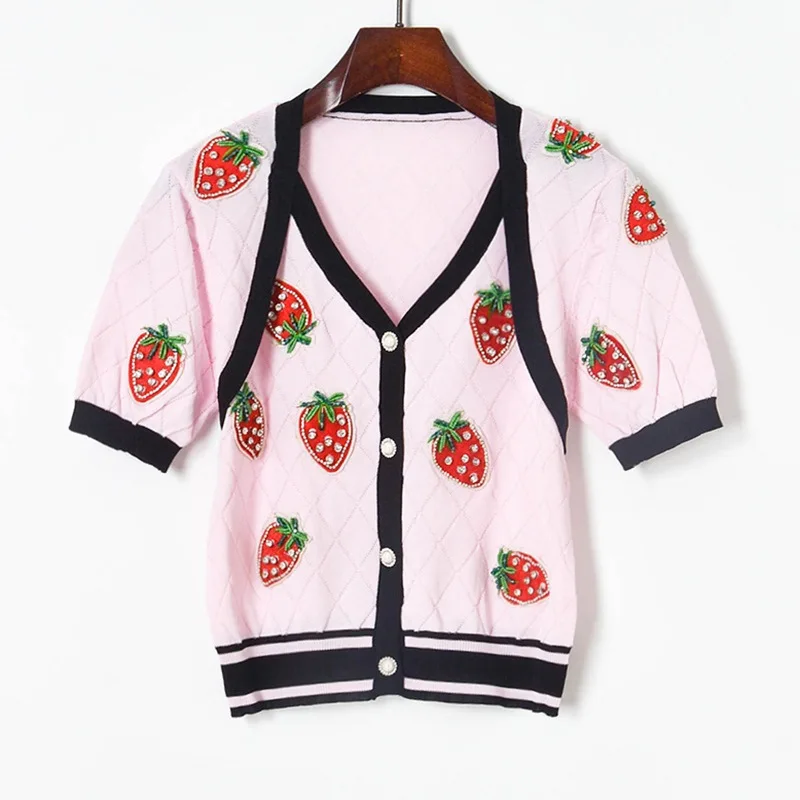 2022 Summer Cardigan Women Contrast Beaded Strawberry Patch Pink Cropped Cardigan Women Short Sleeve Sweater Shirt Women Tee Top