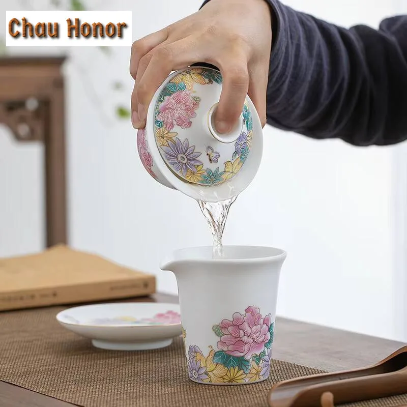 140ml Hand Painted Lotus Art Tea Tureen Mutton Fat Jade Porcelain Covered Bowl Blue And White Tea Making Gaiwan Kung Fu Teaset