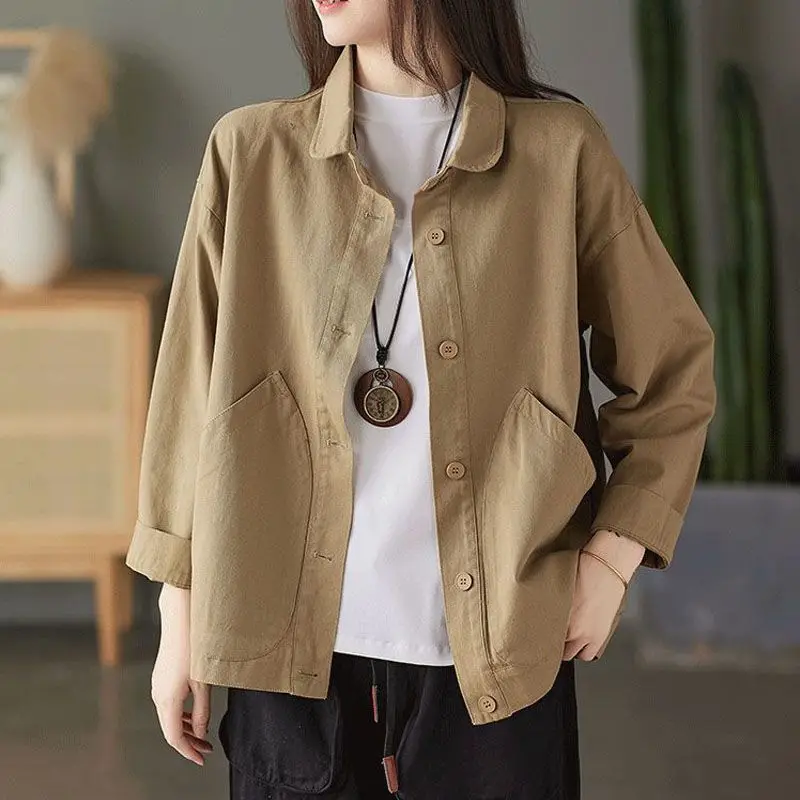 2023 Spring and Autumn Season Art Retro Simple Twill Cotton Solid Pocket Single Breasted Loose and Versatile Women's Shirt Coat soundtrack stranger things netflix season 3 2lp 7 vinyl single