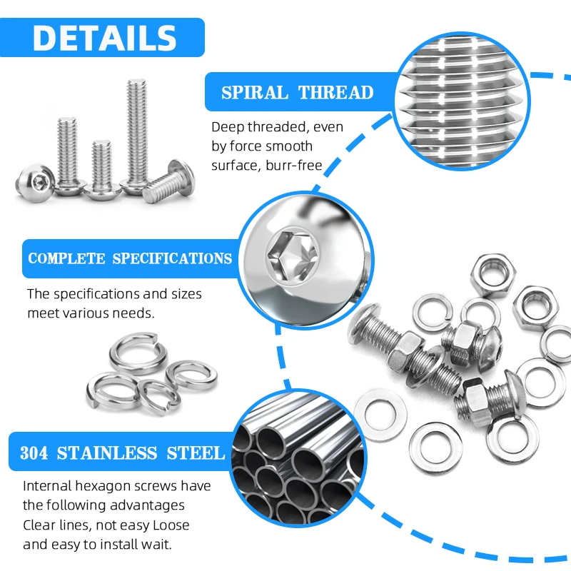 304 Stainless Steel Round Head Hex Socket Screw Kit with Nut Flat & Spring Washers M2-M6 Assortment Set for Machinery, Furniture