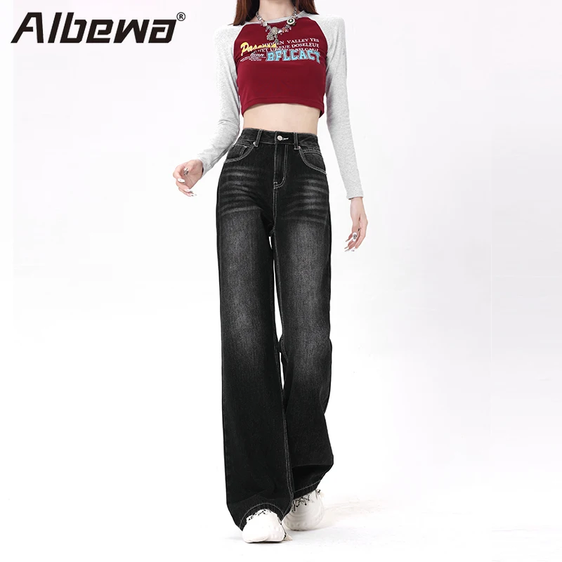 

ALBEWA Autumn Winter High Waist Jeans Women Casual Korean Style Floor Length Wide Leg Denim Pants Washed Cool Vintage Trousers