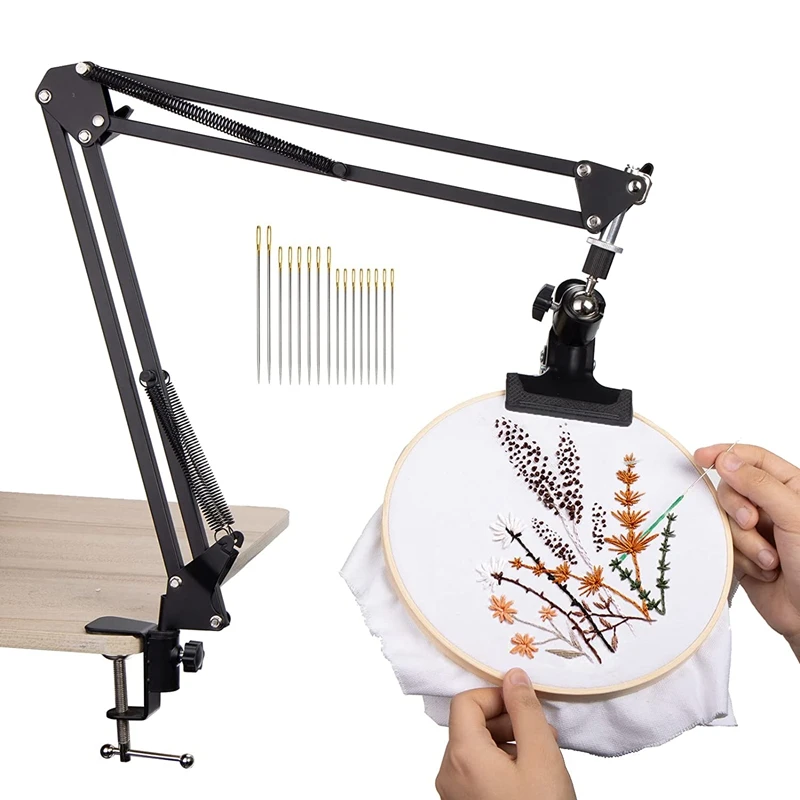 Adjustable Metal Embroidery Hoop Stand, Folding Embroidery Hoop Holder And 16 Pieces Needles