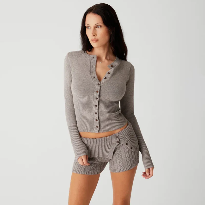 women's tracksuit fall winter Fashion knitted slim fit long sleeve  hooded jacket top short pant 2 piece set women jogger sets