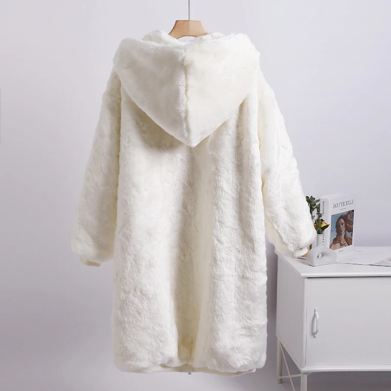 Winter Fashion Runaway Luxury Brand Long Faux Fur Coat Women Jacket Zip Hooded Thick Warm Fake Rabbit Fur Plush Overcoats