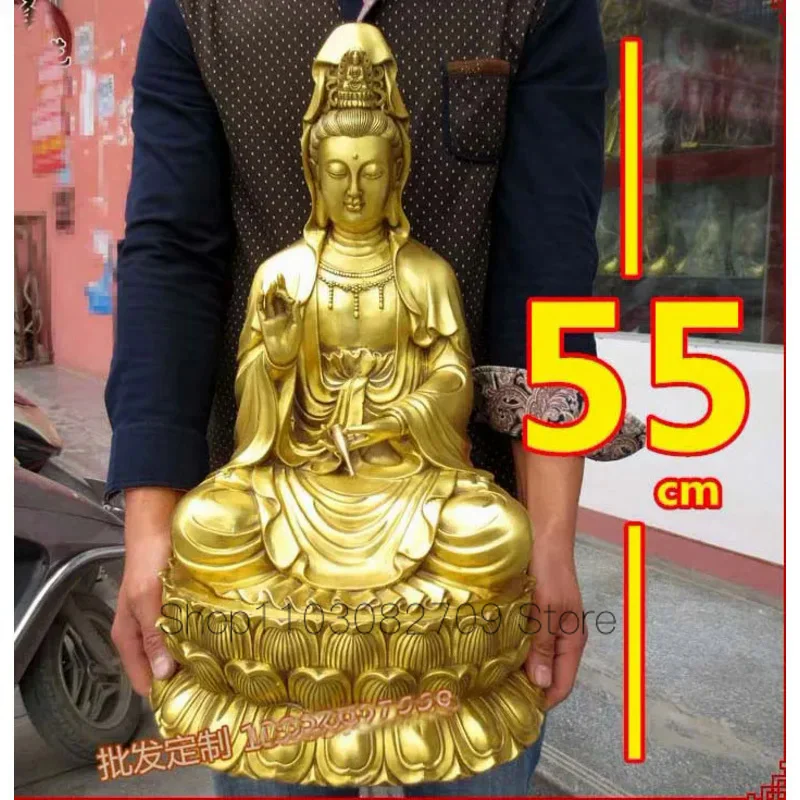 

55cm Large HUGE HOME lobby hall Temple efficacious Talisman protection GOLD Nanhai Guanyin Buddha brass carving Sculpture statue