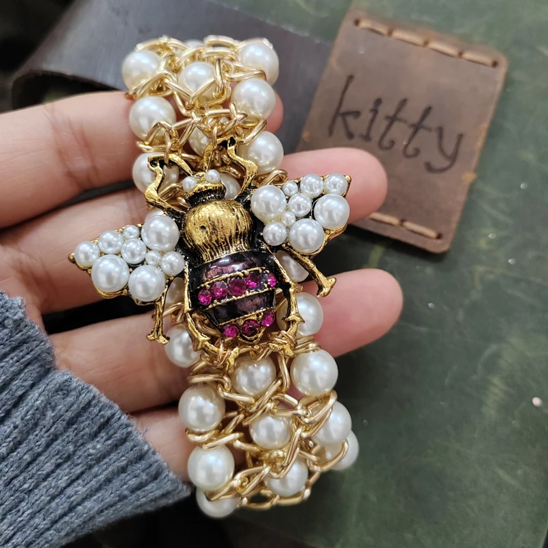 Luxury Handmade Elastic Crystal Bee Pearl Statement Bracelet For Women Jewelry crystal bracelet,pearl string bracelet,women bracelet