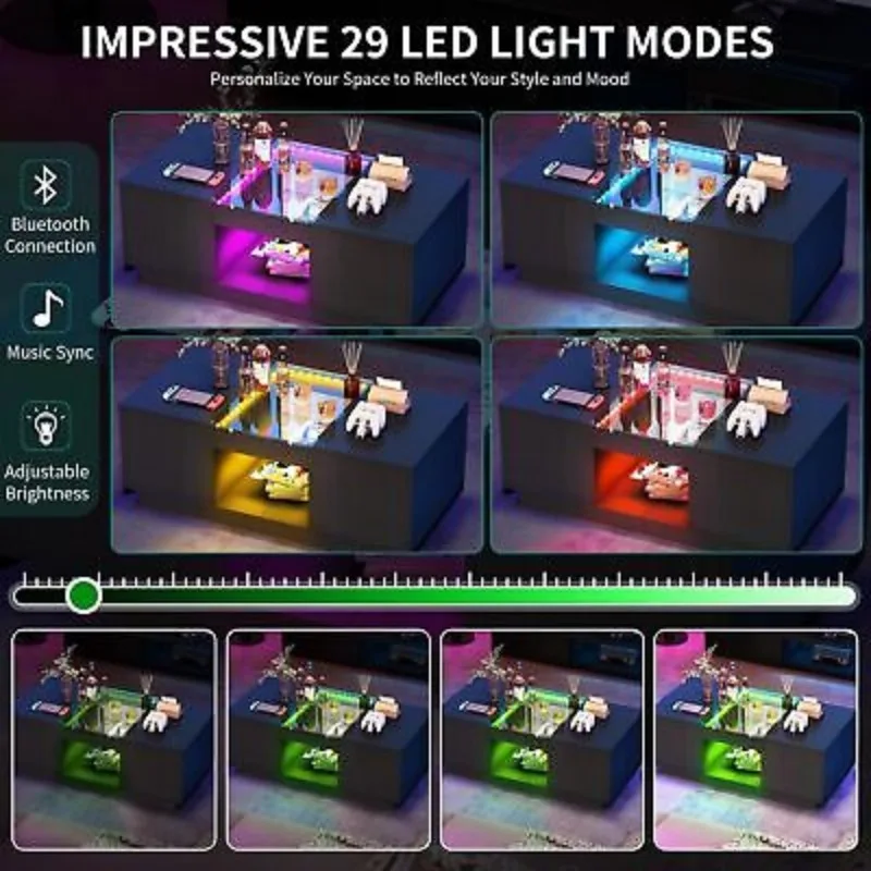 LED Coffee Tables Rectangle Center Table with Charging Station & Storage Drawers 5