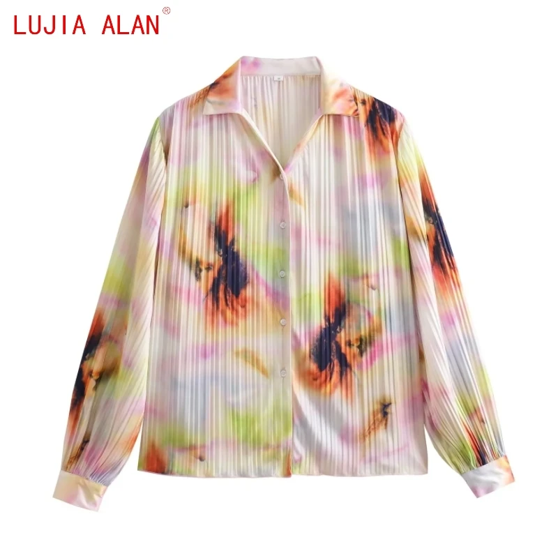 

Autumn New Women Tie Dyed Printed Pressed Pleat Shirt Female Long Sleeve Blouse Casual Loose Tops LUJIA ALAN B2685