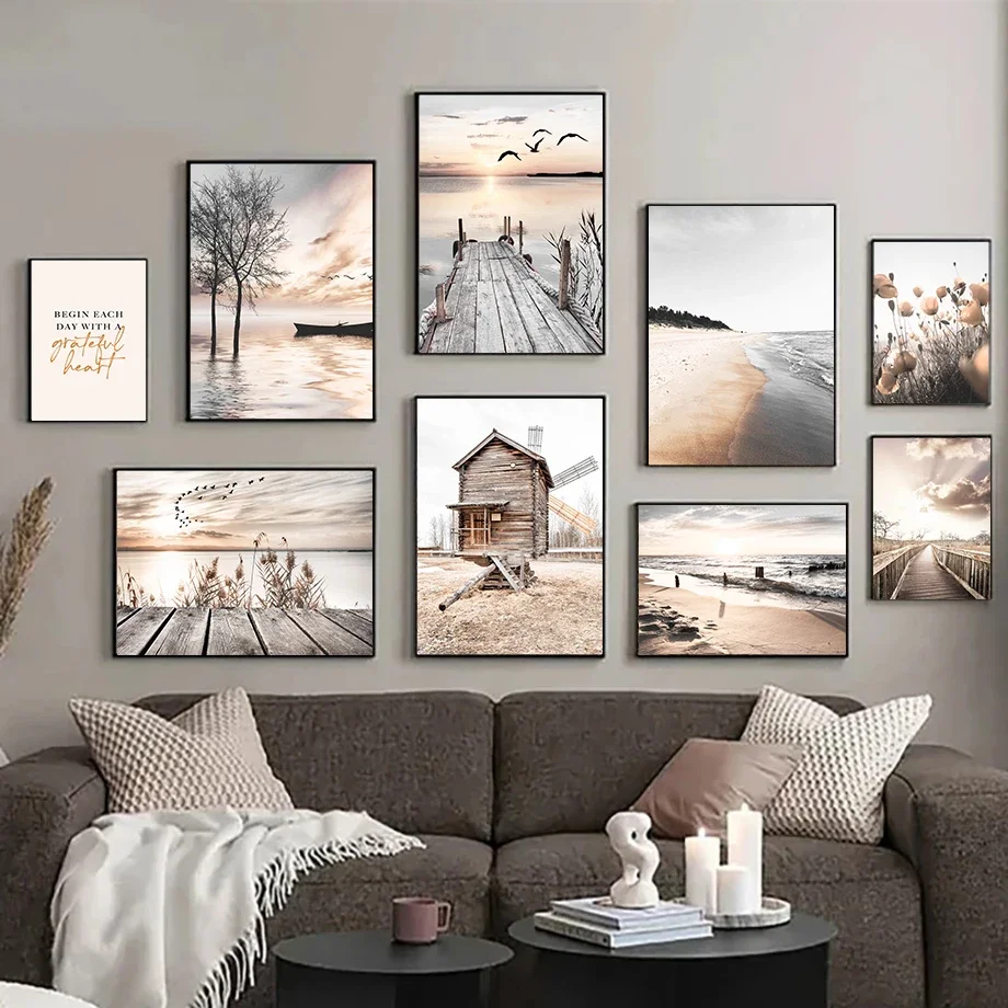 Log Cabin Lake Bridge Flower Bird Coast Wall Art Canvas Painting Modern Living Room Decor Poster E Stampe Home Wall Pictures