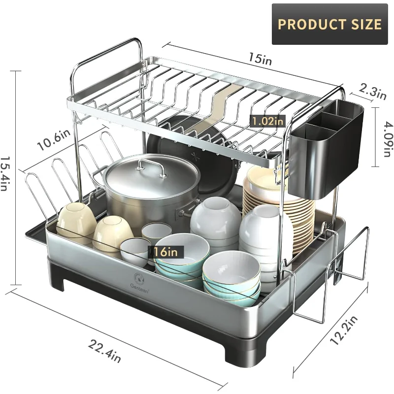 Genteen Dish Drying Rack, 2 Tier Stainless Steel Dish Rack with Drainboard  and Rotatable Spout, Dish Drainers for Kitchen Counter with Utensil, Glass