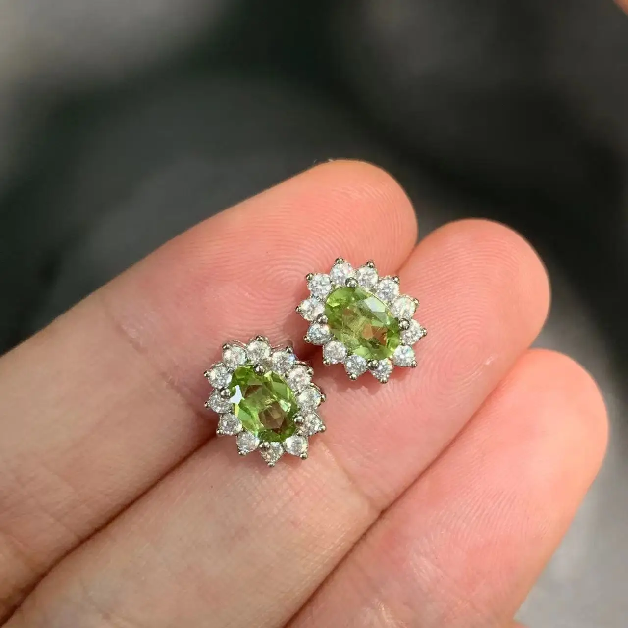 MM Natural Peridot 925 Sterling Silver Stud Earrings For Women Jewelry Gift Simple Peridot Jewelry Green