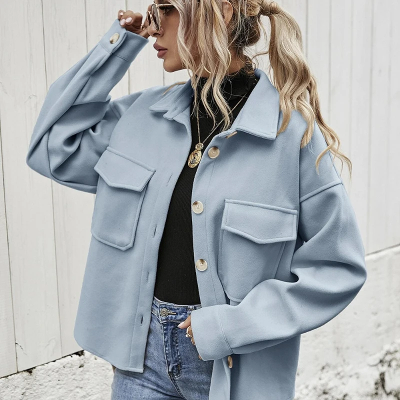 2021 Fall/winter New Style Lapel Single-breasted Thick Woolen Loose Casual Jacket Women's Long-sleeved Fashion Women's Clothing