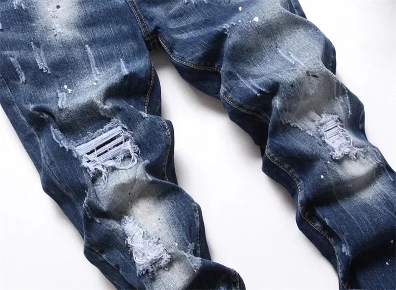 Men's Ripped Jeans Luxury Brand Light Blue Holes Long Trousers Quality Male Fashion Stretch Slim Pants Men Skinny Jeans 44-58 5