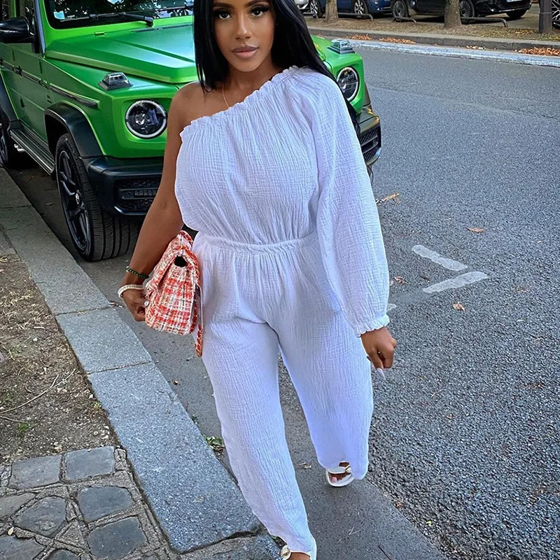 

Streetwear Casual Cotton Jumpsuits for Women One Shoulder Long Sleeve Rompers Womens Jumpsuit Pockets Loose Straight Overalls