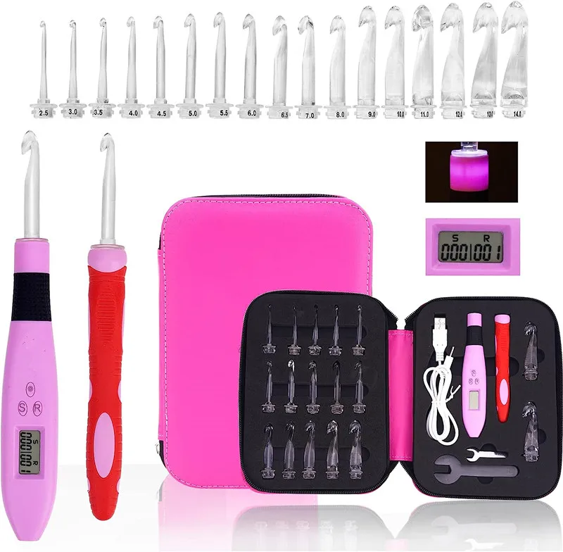 17pcs Crochet Hook Set with Counter Ergonomic Knitting Needles Kit with Led Light&Row Digital Counter DIY Tool for Knitting Hook