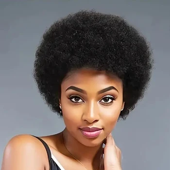 Afro kinky Curly Human Hair Wigs For Black Women Brazilian Hair Natural Black Full Machine Pixie Cut Fluffy Wig