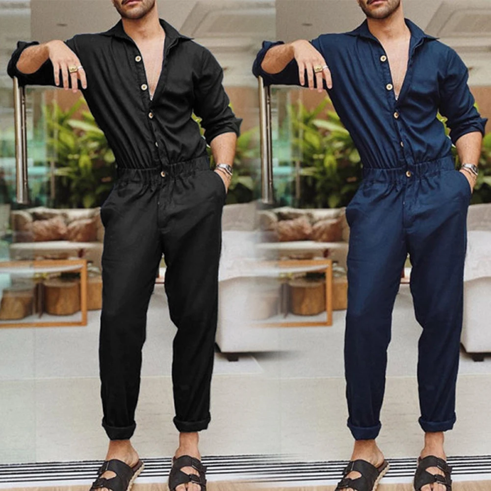 Overalls Jumpsuits Trousers Elastic Waist Fashion Lapel Collar Lapels Long Pants Male Overalls Single Breasted denim overalls men rompers