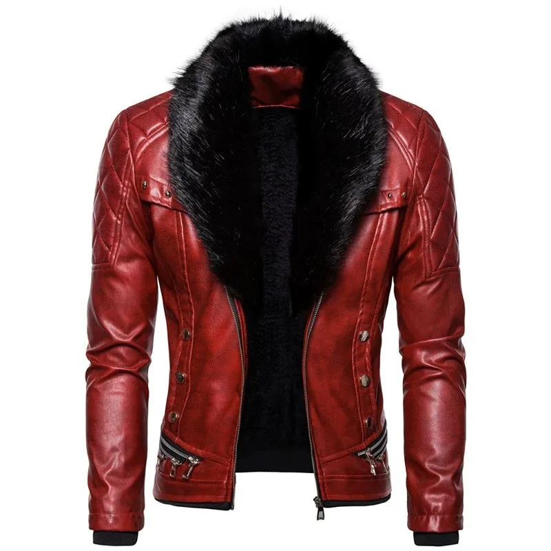 short Men's punk detachable pu leather fur collar rivet pressed cotton thick windproof motorcycle jacket for men korean fashion