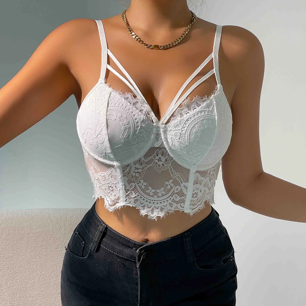Sexy Sleeveless Lace Corset Crop Tops Women's Spaghetti Strap Cami Going Out Party Tank Top Summer Fashion Slim Lingerie Bustier