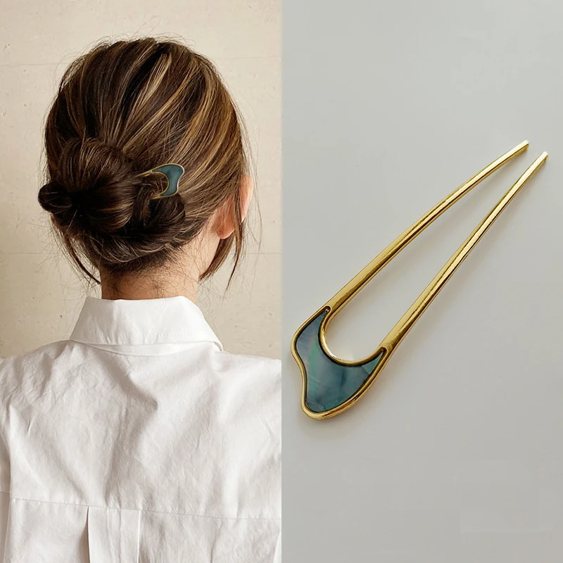 Fashion Hair Accessories Metal U Shape Hair Stick For Women Silver Gold Color Elegant Shell Enamel Hairpin Female Headwear Gifts