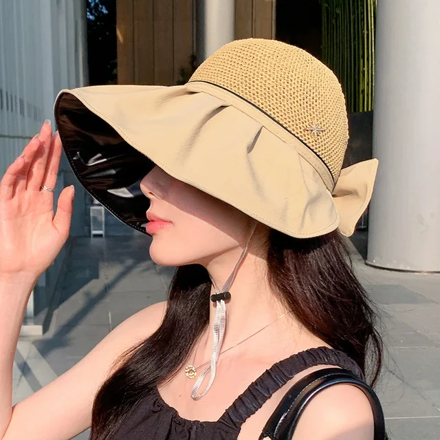 New Women Bucket Hat Summer UV Protection Sun Hats Solid Color Soft Foldable Wide Brim Outdoor Beach Panama Cap Ponytail Caps 1