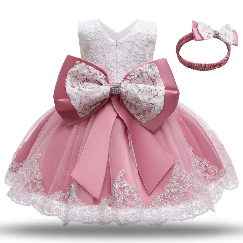 

Infant 1st Birthday Party Ball Gown Newbron Kid White Baptism Tutu Costume 12 Month Cute Baby Lace Floral Big Bow Princess Dress