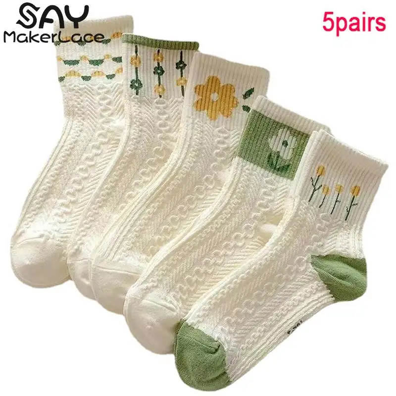 

5pairs Japanese White Short-tube Sweat-absorbing Deodorant Cotton Socks Women Short-tube Fresh Small Flower Socks
