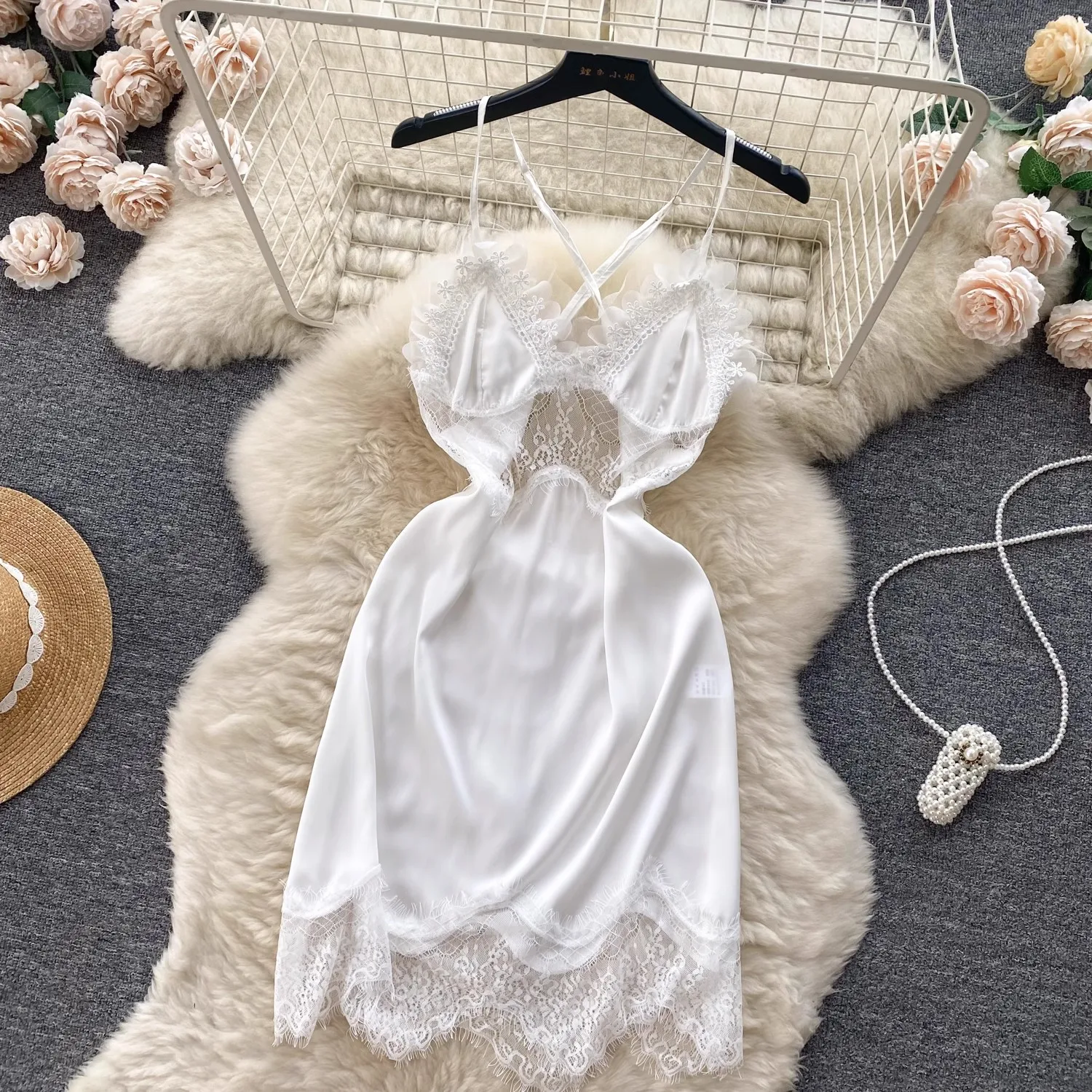 Chillgio Frauen sexy Blumen Eis Seide Nachthemden Sommer hohle Mode zweiteilige Spitze Patchwork Spaghetti träger Mini Pyjama Kleid – Detail 3