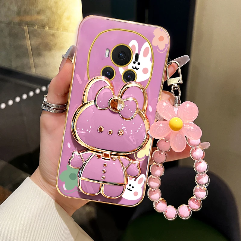 Luxury Flower Strap Rabbit Mirror Phone Holder Case