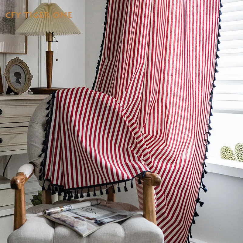 

Boho Red Stripe with Tassel Curtains Bedroom Living Room Kitchen Curtain Easy Drape for Living Room Backout Thick Window Drapes