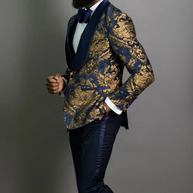 Stylish Slim Fit Mens Suits Floral Jacquard Shawl Lapel 2 Pieces Blazer and Pant Set Tuxedo Set Prom Wedding Dress Business