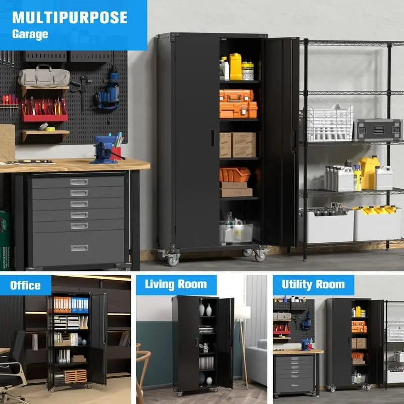 Tool cabinet Garage Storage Cabinet with Wheels 72" H Metal Storage Cabinet with 2 Doors and 4 Adjustable Shelves Black 6