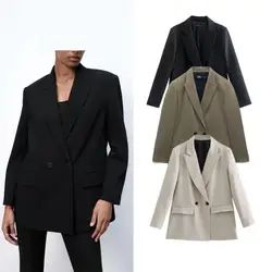Senhoras do escritório gola profunda elegante blazer feminino duplo breasted primavera jaqueta 2022 bolsos casuais feminino cor sólida ternos casaco