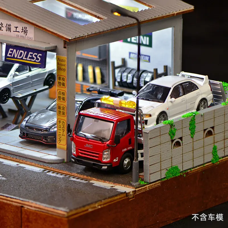 1:64 스케일 차량 수리소 디오라마, LED 조명 포함, 모형 자동차 전시용, 자동차 수집가를 위한 선물, 손으로 조립하는 미니 모형