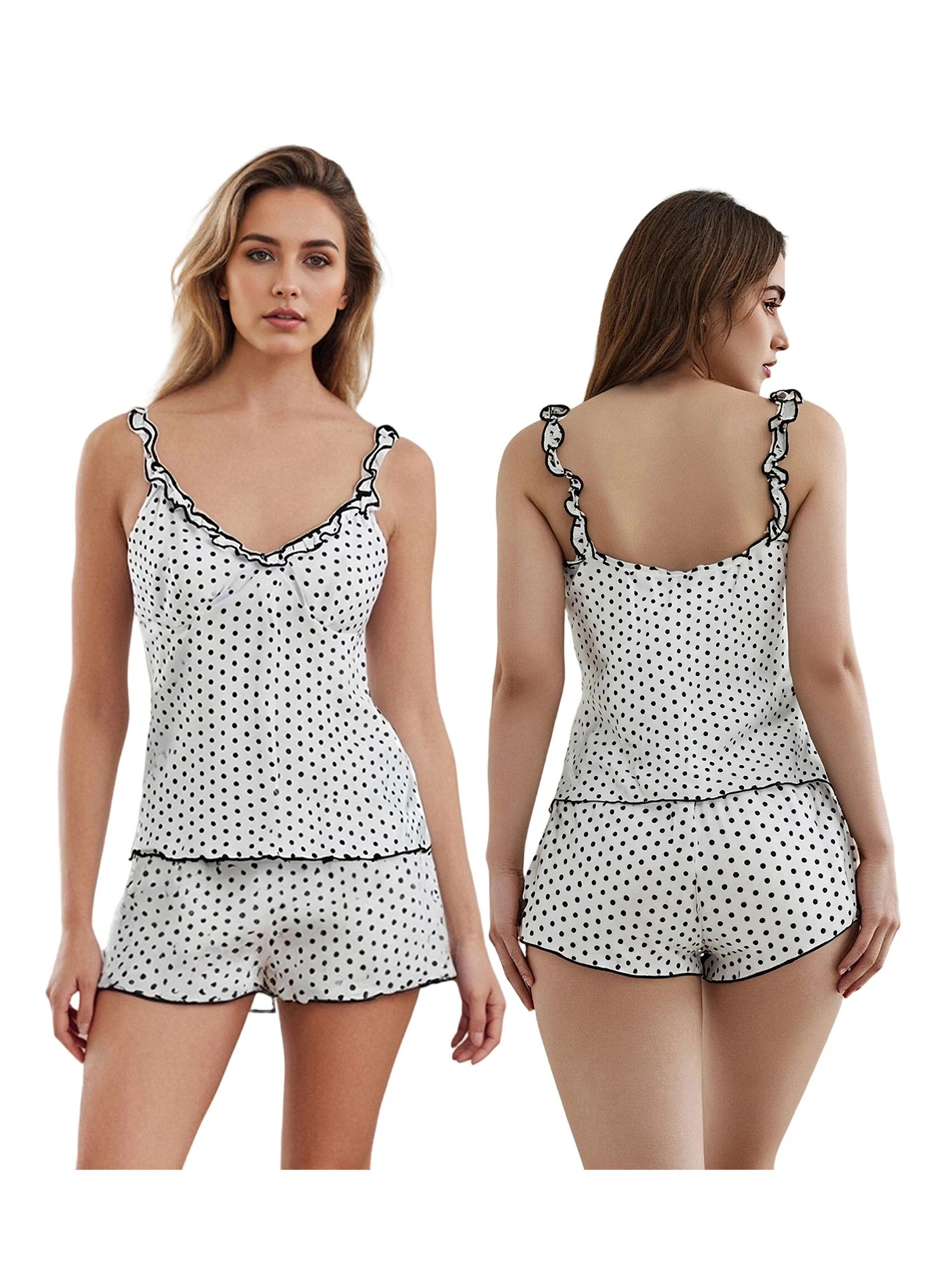 Floral Print Pajama Set with Ruffle Detail V Neck Sleeveless Top and Elastic Waist Shorts for Women - 2 Piece Sleepwear Ensemble