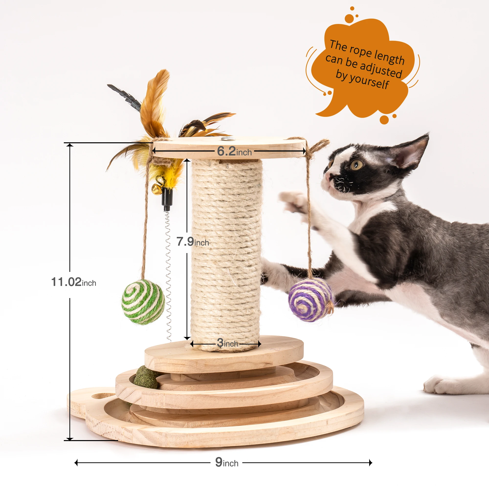 Mewoofun Cat Scratcher Pole Two-Layer Tier Track Ball and Two Sisal Balls Fun Interactive Cat Toy with Feather Bell WP037 6