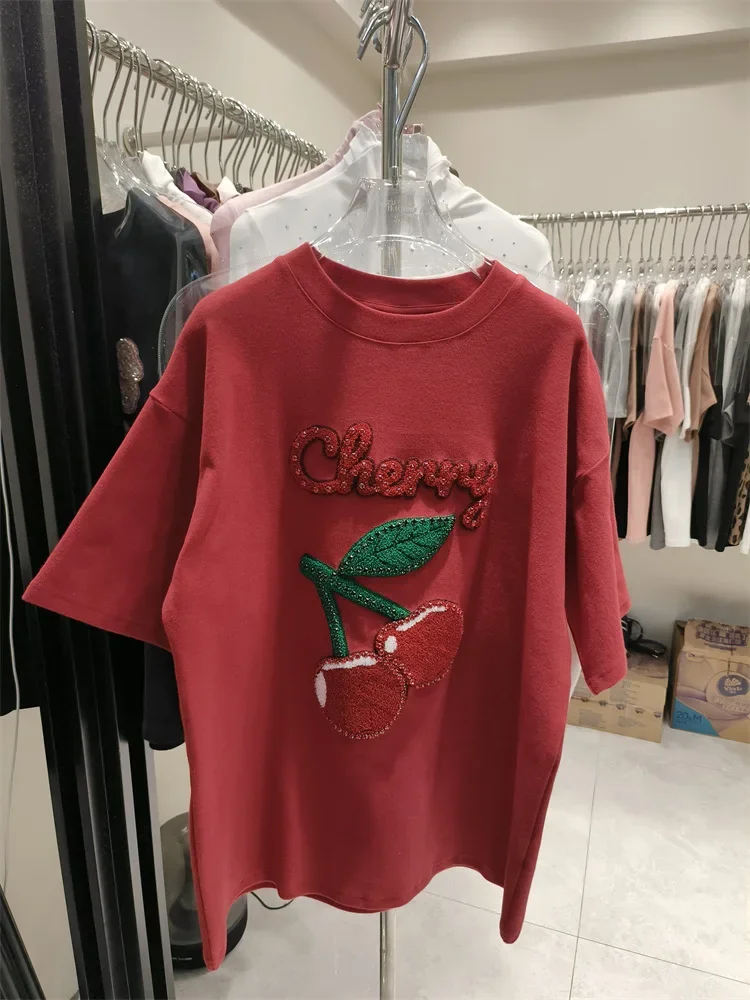 thumbnail image 1 of 2023 Autumnins Blossom Cherry Pickers Early Spring Nuevo estilo Casual Loose Fit Versátil Cuello redondo Manga corta Camisetas Mujeres, 1 of 5