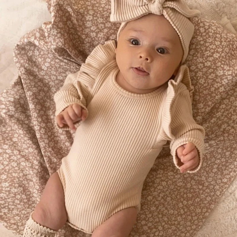 Spring Newborn Infant Baby Girls Romper + Headband Muslin Ruffle Long Sleeve Rompers Kids Onepiece Cotton Baby Clothing Garment