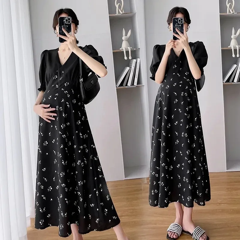 

Pregnant Women'S Summer Dress Fashion V-Neck Spliced Short Sleeve Slim Black Dress Summer Outgoing Age Reducing Skirt