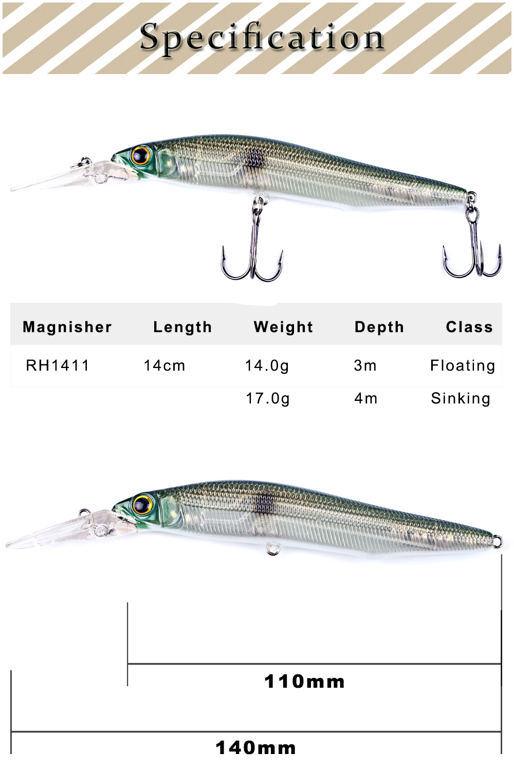 Description Picture 3 of itemMagnisher Deepwater Minnow Hard Baits 14cm Float Sinking Jerkbait Wobblers Fishing Lures Rattle Crankbait Pesca Tackle
