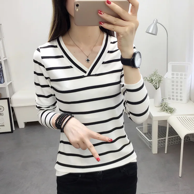 Women Striped V Neck Long Sleeve T Shirts