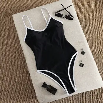 Women's Black One-Piece Swimsuit with White Trim, Low Back High Cut Cheeky Bathing Suit, Summer Beach Swimwear for Vacation 1