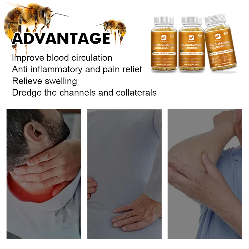 Glucosamine Chondroitin Bee Venom Extract Capsules for Joint & Knee Health No Pain Discomfort of Bones and Joint
