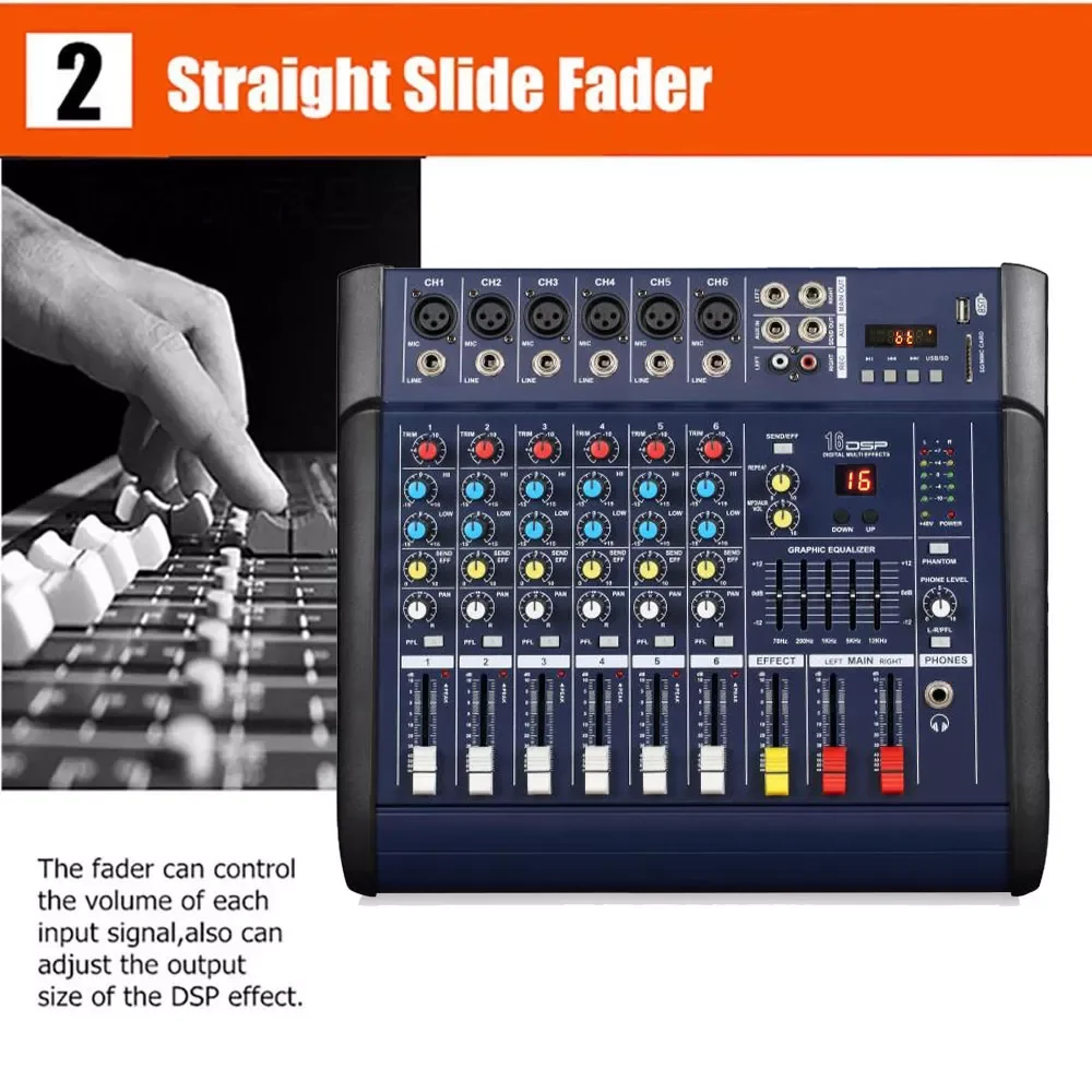 M602D 디지털 믹서 콘솔 오디오, 팬텀 파워 믹서, USB 6 채널 앰프, 전문 오디오 DJ 믹서, 사운드 시스템, 48V