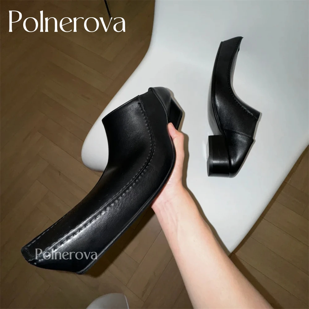 

Elongated Square Toe Mules Novel Designer Style Loafers Slippers Slip-On Square Heel Shoes Black Pu Leather Fashion Shoes New In