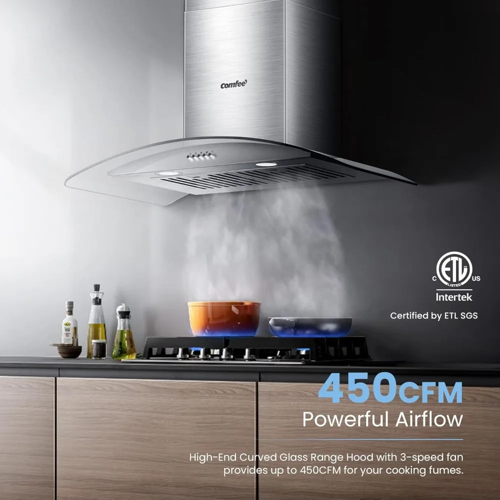 CVG30W8AST 30 Inches Ducted Wall Mount Vent Range Hood with 450 CFM 3 Speed Exhaust Fan, Baffle Filters, Curved Glass
