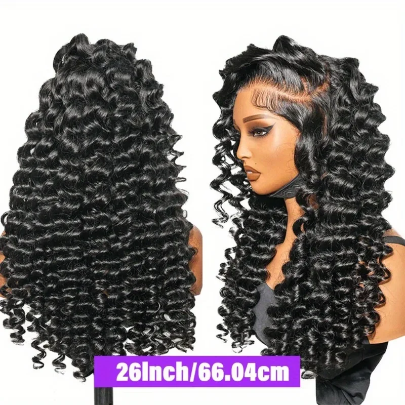 26 Inch Deep Curly Human Hair Wig 13x4 Loose Deep Wave Lace Front Wigs 250% Density Natural Black HD Transparent Lace