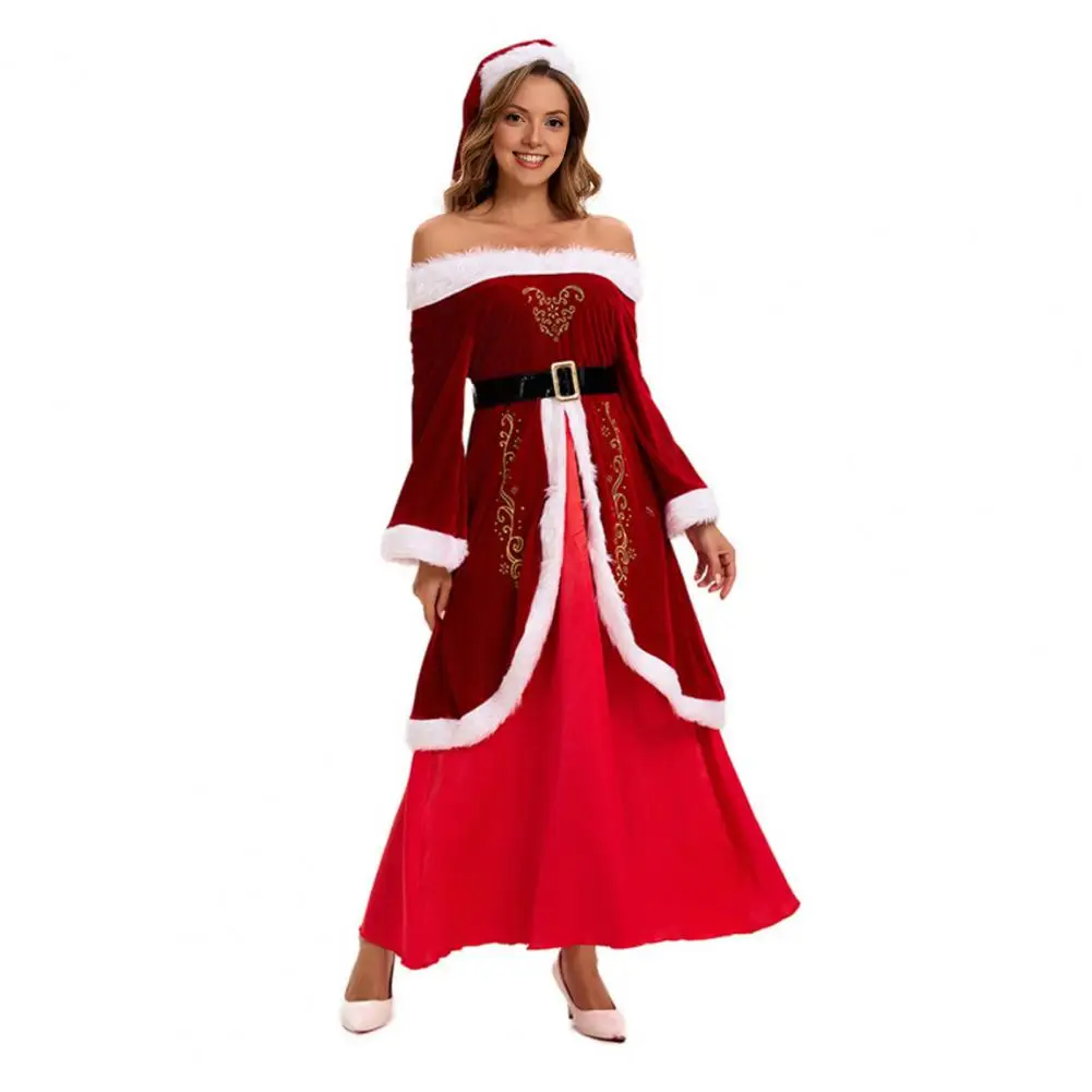 Mrs. Claus Costume Hooded Long Coat Women Adult Christmas Santa Dress with White Faux Fur Trim Velvet Xmas Cosplay Outfit