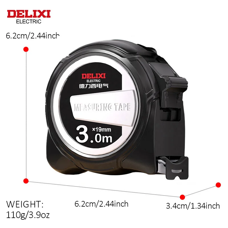 DELIXI 전기 줄자, 두꺼운 ABS 하드 낙하 방지 쉘, 내구성 계량기 눈금자 내마모성 상자, 가정용 눈금자, 3M * 19mm